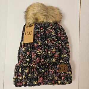 C.C Knit Pom Hat Sherpa Lined Black Multi Color NWT